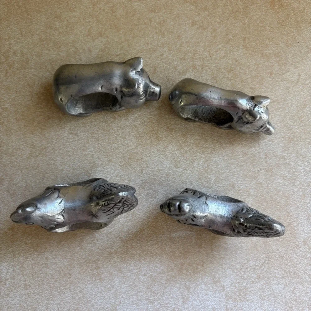 Vtg Cottagecore‎ Farm Animal Napkin Ring Set of 4 Cast Metal Pig Rooster